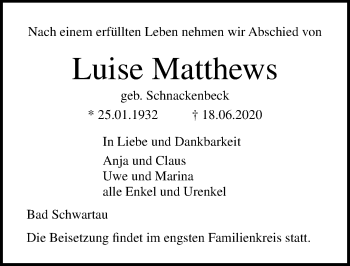 Traueranzeige von Luise Matthews von Lübecker Nachrichten