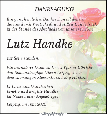 Traueranzeige von Lutz Handke von Leipziger Volkszeitung