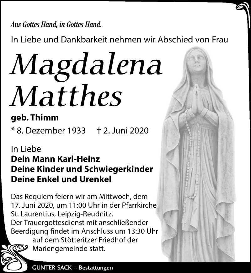  Traueranzeige für Magdalena Matthes vom 13.06.2020 aus Leipziger Volkszeitung