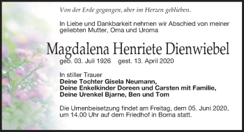 Traueranzeige von Magdalena Henriete Dienwiebel von Leipziger Volkszeitung