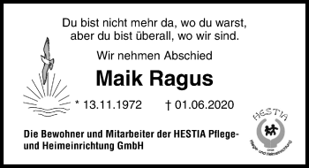 Traueranzeige von Maik Ragus von Ostsee-Zeitung GmbH