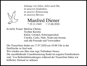 Traueranzeige von Manfred Diener von Ostsee-Zeitung GmbH