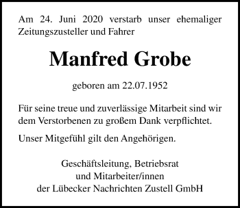 Traueranzeige von Manfred Grobe von Lübecker Nachrichten