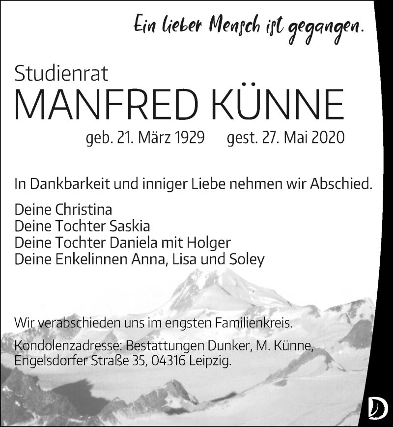  Traueranzeige für Manfred Künne vom 06.06.2020 aus Leipziger Volkszeitung