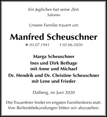 Traueranzeige von Manfred Scheuschner von Ostsee-Zeitung GmbH