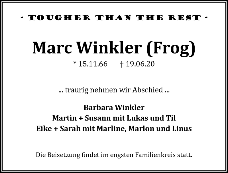  Traueranzeige für Marc Winkler vom 27.06.2020 aus Göttinger Tageblatt