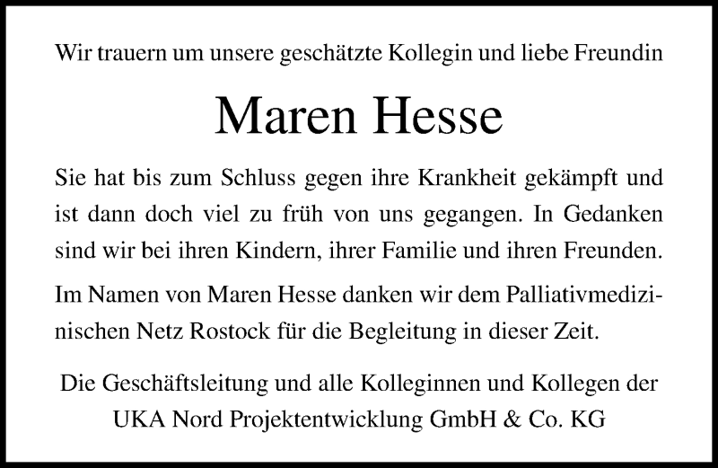  Traueranzeige für Maren Hesse vom 13.06.2020 aus Ostsee-Zeitung GmbH