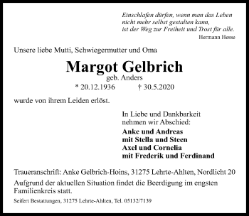 Traueranzeige von Margot Gelbrich von Hannoversche Allgemeine Zeitung/Neue Presse