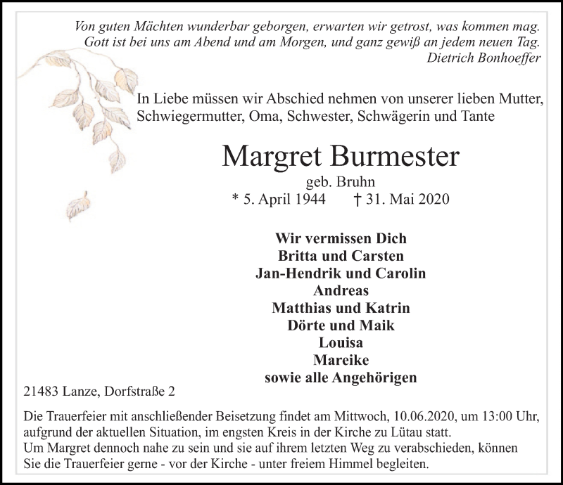  Traueranzeige für Margret Burmester vom 06.06.2020 aus Lübecker Nachrichten
