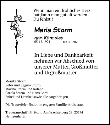 Traueranzeige von Maria Storm von Lübecker Nachrichten