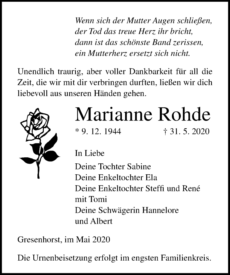  Traueranzeige für Marianne Rohde vom 06.06.2020 aus Ostsee-Zeitung GmbH