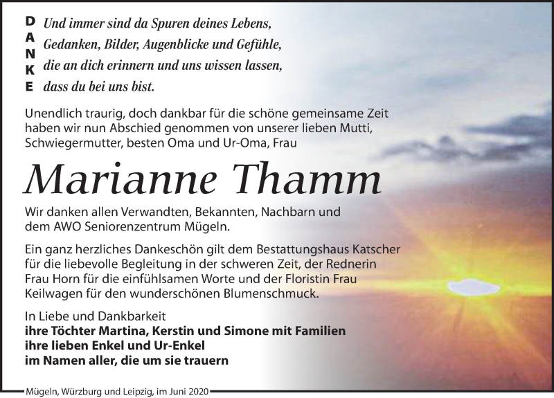  Traueranzeige für Marianne Thamm vom 06.06.2020 aus Leipziger Volkszeitung