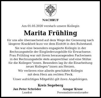 Traueranzeige von Marita Frühling von Kieler Nachrichten