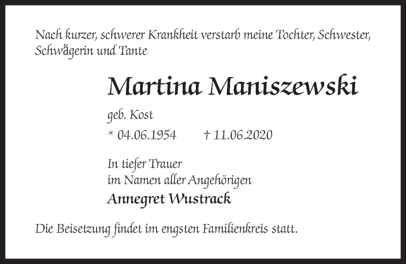  Traueranzeige für Martina Maniszewski vom 27.06.2020 aus Märkischen Allgemeine Zeitung