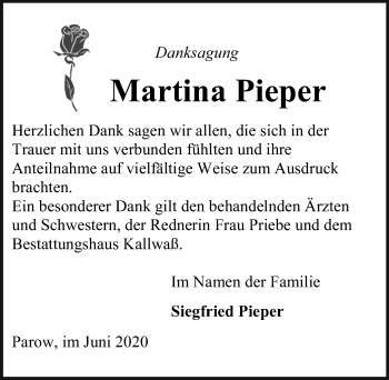 Traueranzeige von Martina Pieper von Ostsee-Zeitung GmbH