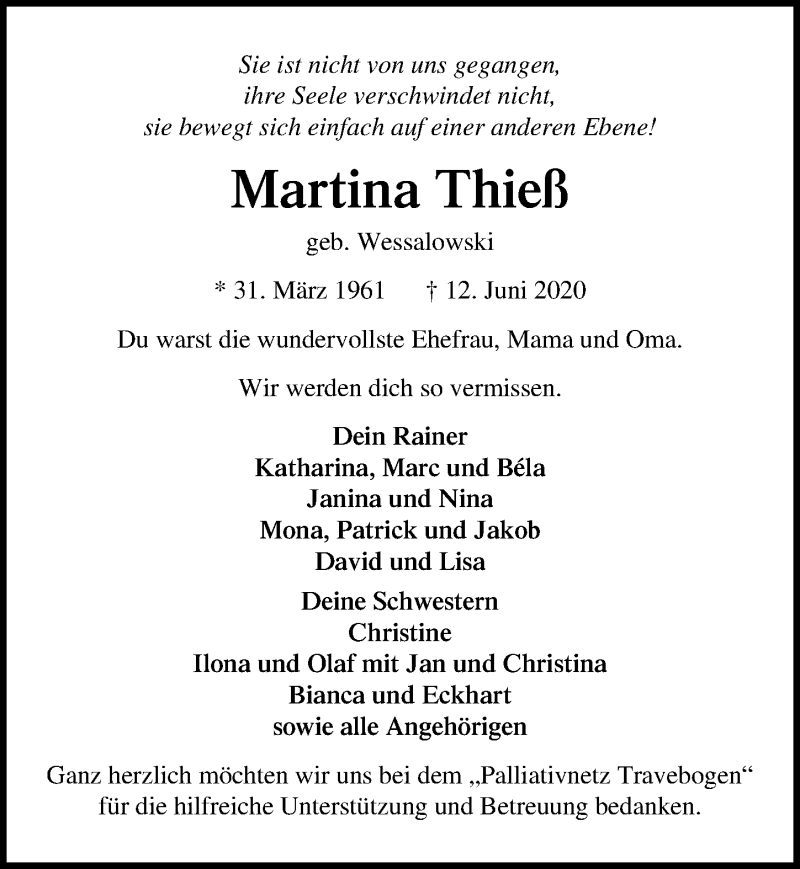  Traueranzeige für Martina Thieß vom 21.06.2020 aus Lübecker Nachrichten