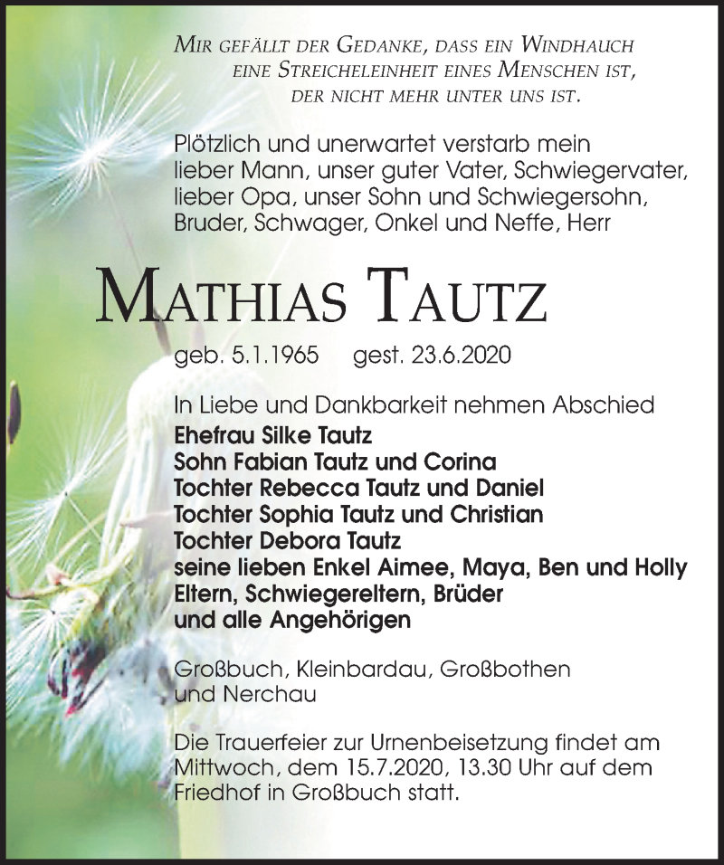  Traueranzeige für Mathias Tautz vom 27.06.2020 aus Leipziger Volkszeitung