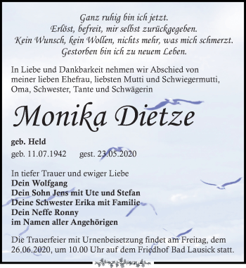 Traueranzeige von Monika Dietze von Leipziger Volkszeitung