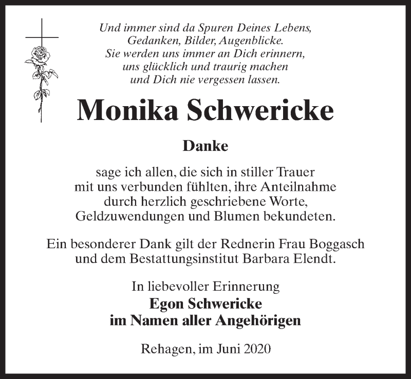  Traueranzeige für Monika Schwericke vom 13.06.2020 aus Märkischen Allgemeine Zeitung