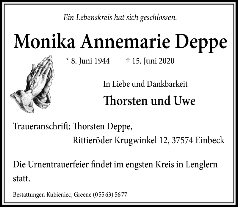  Traueranzeige für Monika Annemarie Deppe vom 20.06.2020 aus Göttinger Tageblatt
