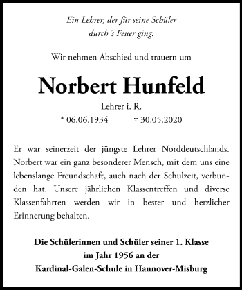Traueranzeige von Norbert Hunfeld von Hannoversche Allgemeine Zeitung/Neue Presse