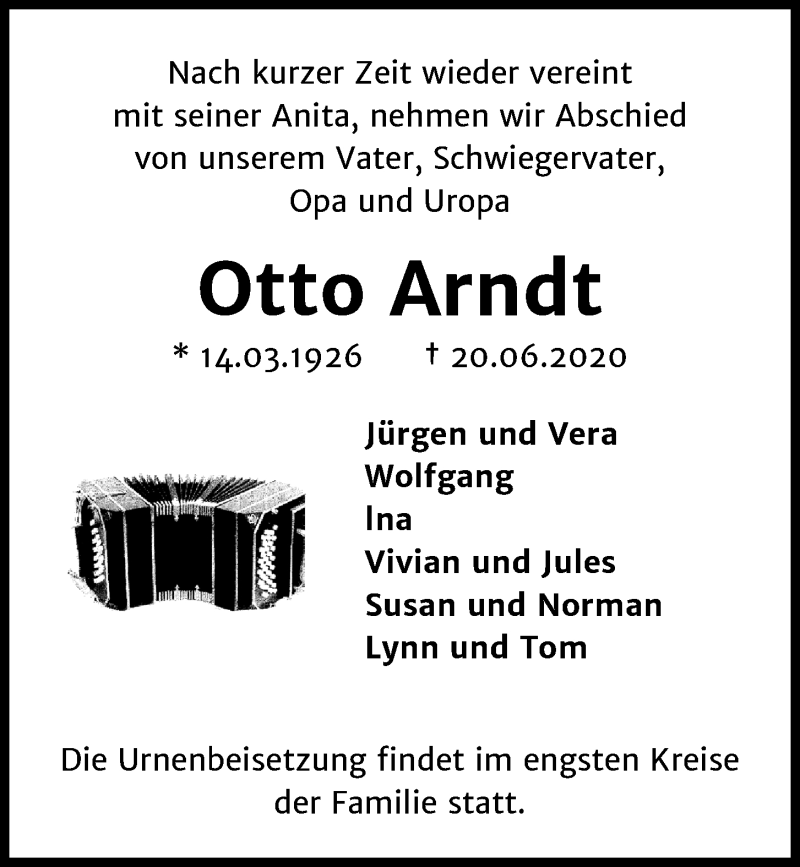  Traueranzeige für Otto Arndt vom 27.06.2020 aus Kieler Nachrichten