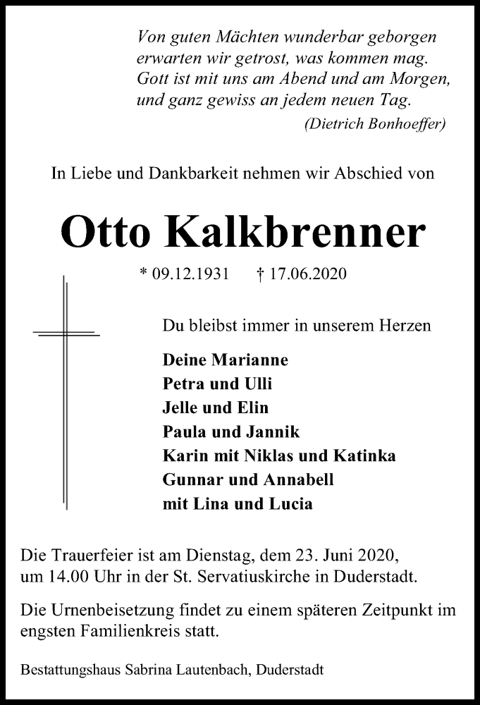  Traueranzeige für Otto Kalkbrenner vom 20.06.2020 aus Eichsfelder Tageblatt