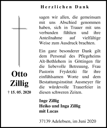 Traueranzeige von Otto Zillig von Göttinger Tageblatt