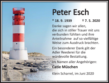 Traueranzeige von Peter Esch von Ostsee-Zeitung GmbH