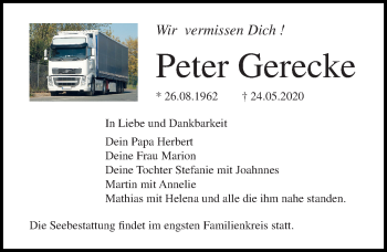 Traueranzeige von Peter Gerecke von Ostsee-Zeitung GmbH