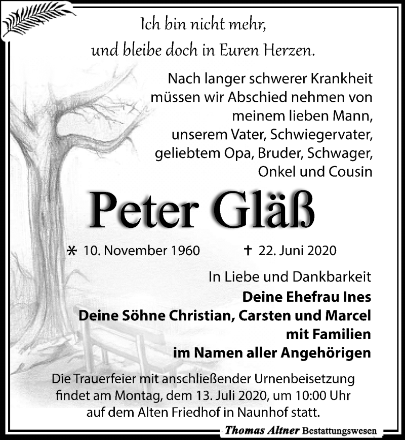 Traueranzeige für Peter Gläß vom 27.06.2020 aus Leipziger Volkszeitung