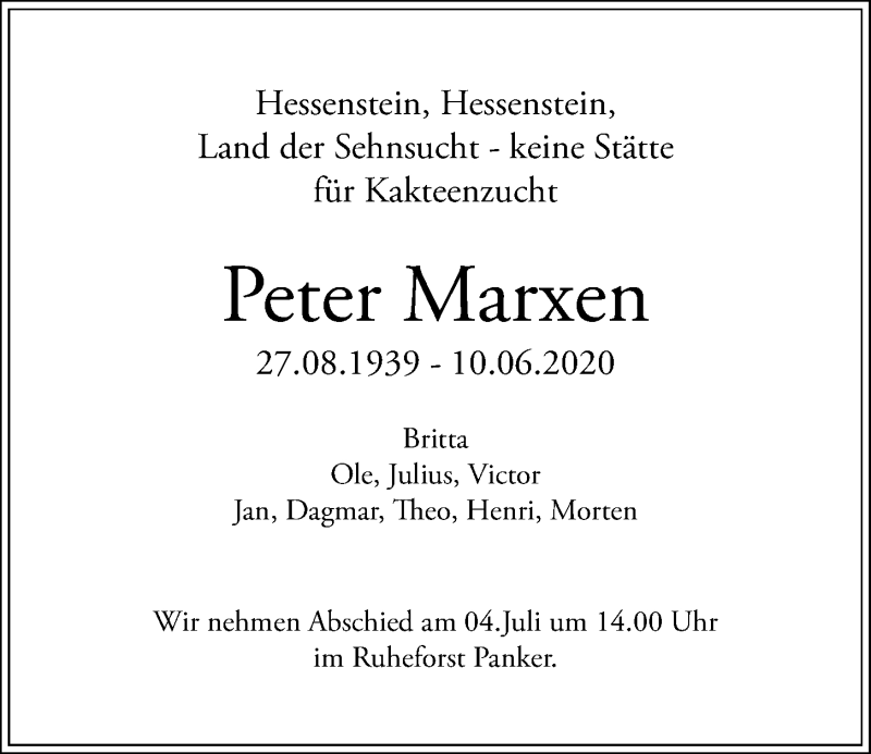  Traueranzeige für Peter Marxen vom 17.06.2020 aus Kieler Nachrichten