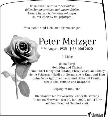 Traueranzeige von Peter Metzger von Leipziger Volkszeitung