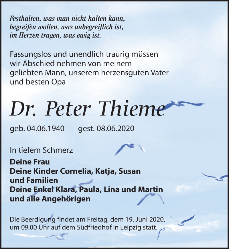  Traueranzeige für Peter Thieme vom 13.06.2020 aus Leipziger Volkszeitung