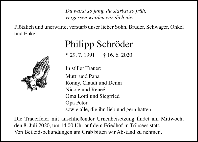  Traueranzeige für Philipp Schröder vom 27.06.2020 aus Ostsee-Zeitung GmbH