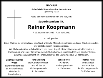 Traueranzeige von Rainer Koopmann von Märkischen Allgemeine Zeitung