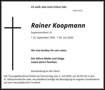 Traueranzeige von Rainer Koopmann von Märkischen Allgemeine Zeitung
