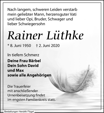 Traueranzeige von Rainer Lüthke von Leipziger Volkszeitung