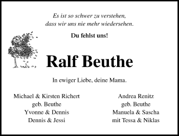 Traueranzeige von Ralf Beuthe von Lübecker Nachrichten