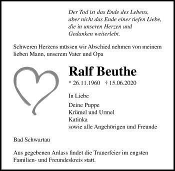 Traueranzeige von Ralf Beuthe von Lübecker Nachrichten