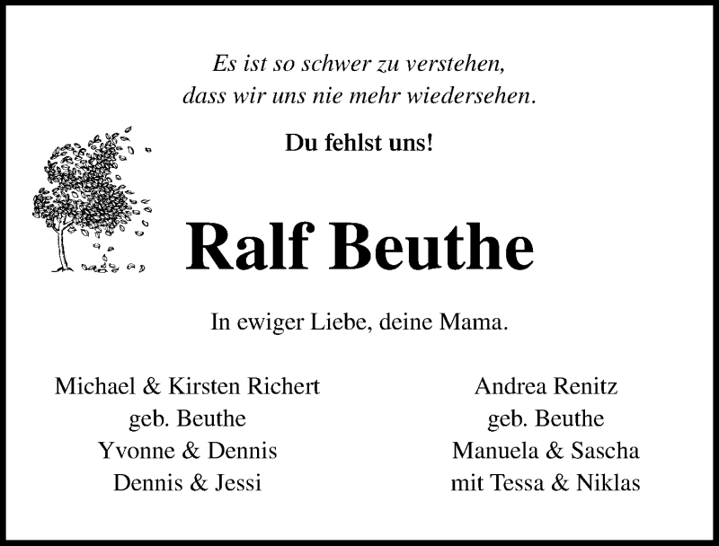  Traueranzeige für Ralf Beuthe vom 21.06.2020 aus Lübecker Nachrichten