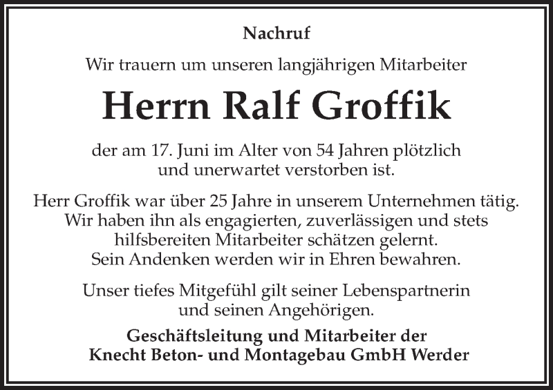  Traueranzeige für Ralf Groffik vom 27.06.2020 aus Märkischen Allgemeine Zeitung