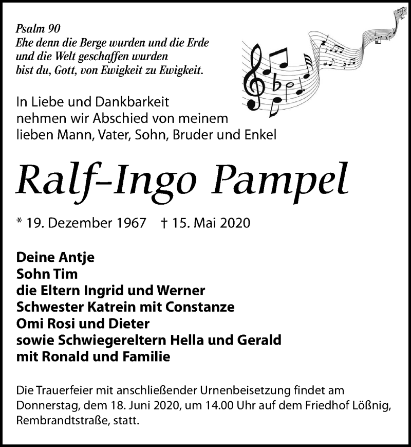  Traueranzeige für Ralf-Ingo Pampel vom 13.06.2020 aus Leipziger Volkszeitung