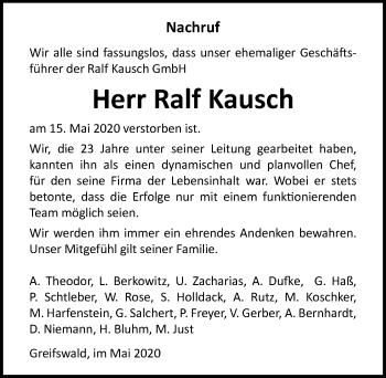 Traueranzeige von Ralf Kausch von Ostsee-Zeitung GmbH
