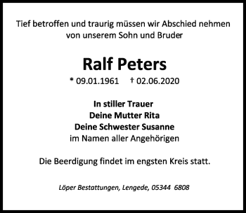 Traueranzeige von Ralf Peters von Peiner Allgemeine Zeitung