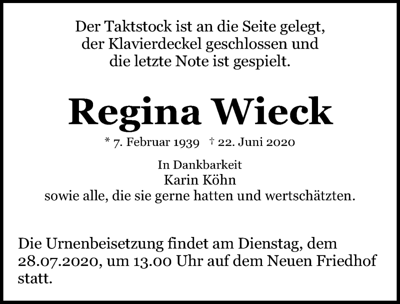  Traueranzeige für Regina Wieck vom 27.06.2020 aus Ostsee-Zeitung GmbH
