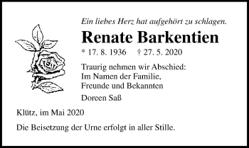 Traueranzeige von Renate Barkentien von Ostsee-Zeitung GmbH