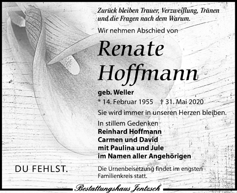  Traueranzeige für Renate Hoffmann vom 13.06.2020 aus Leipziger Volkszeitung