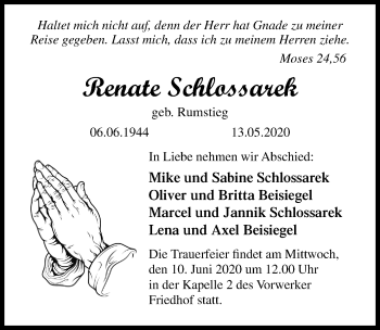 Traueranzeige von Renate Schlossarek von Lübecker Nachrichten