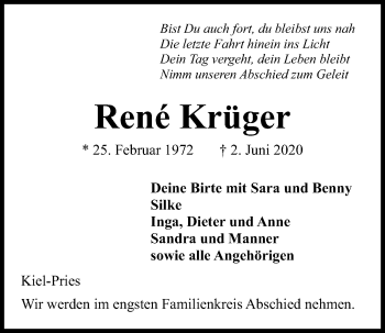 Traueranzeige von Rene Krüger von Kieler Nachrichten